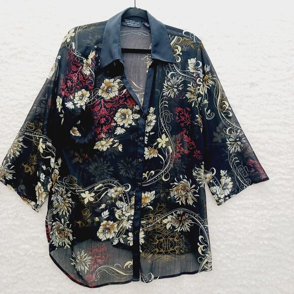 Blouse Kimono NY Design Button-Up Sheer Floral Resort Office Siren Cruise Size L - Picture 1 of 13
